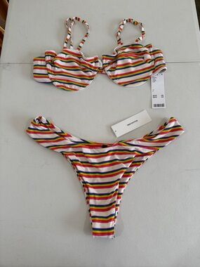 NWT Orange White Green Triangle High Cut Underwire Cheeky bottom Bikini Set L